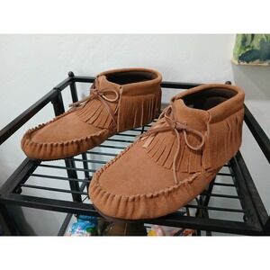 Lamo Suede Moccasin Ankle Boots Brown Fringe Womens Size 8 Comfort Booties